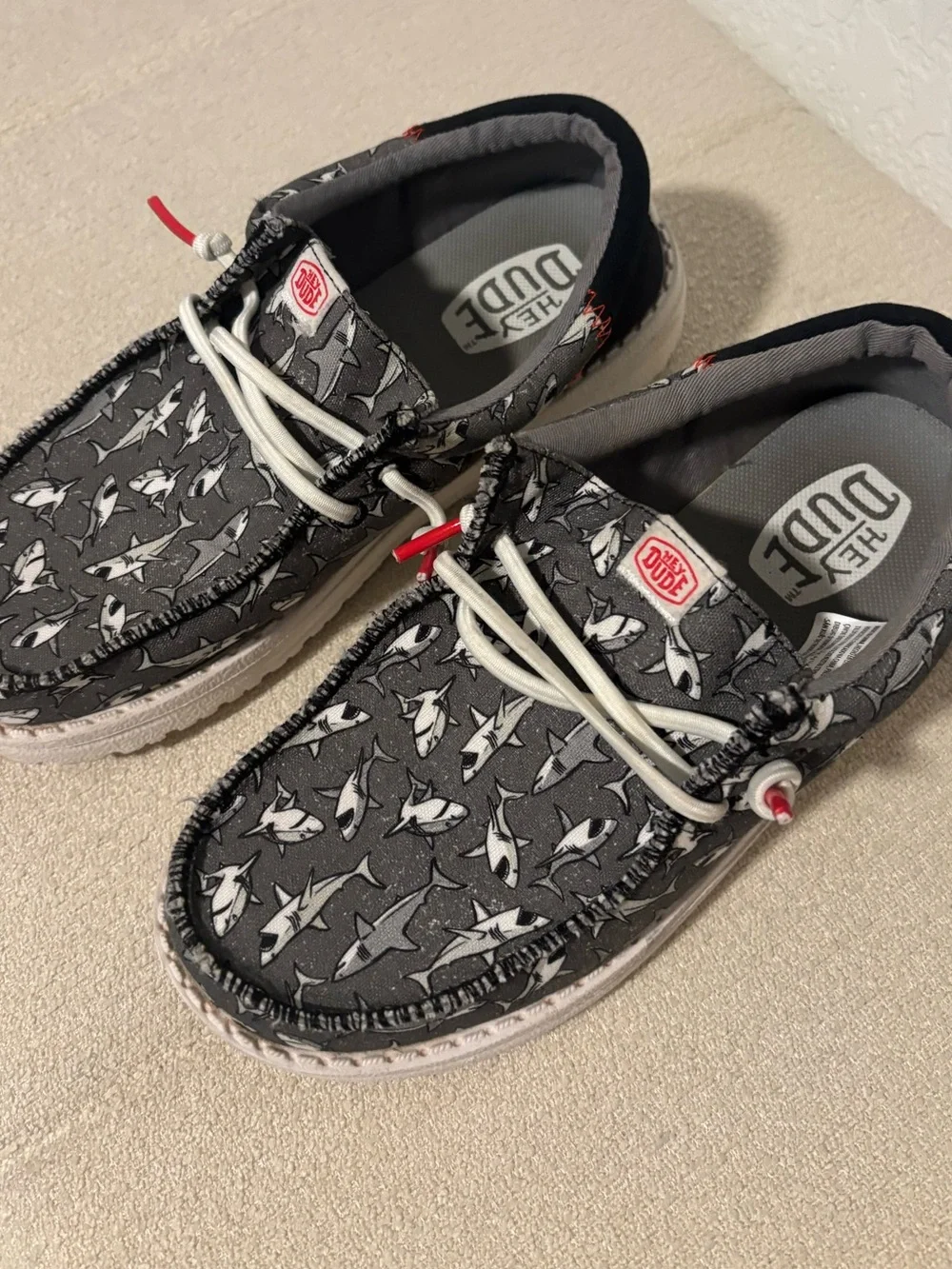 Hey Dude Kids Shark-Print Casual Shoes in Charcoal and White with Red Accents